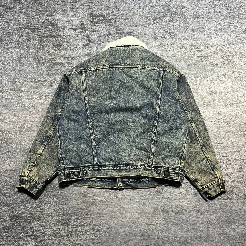Vintage 80s Levi's Denim Trucker Jacket Size XL Sherpa Lined Acid‎ Wash USA